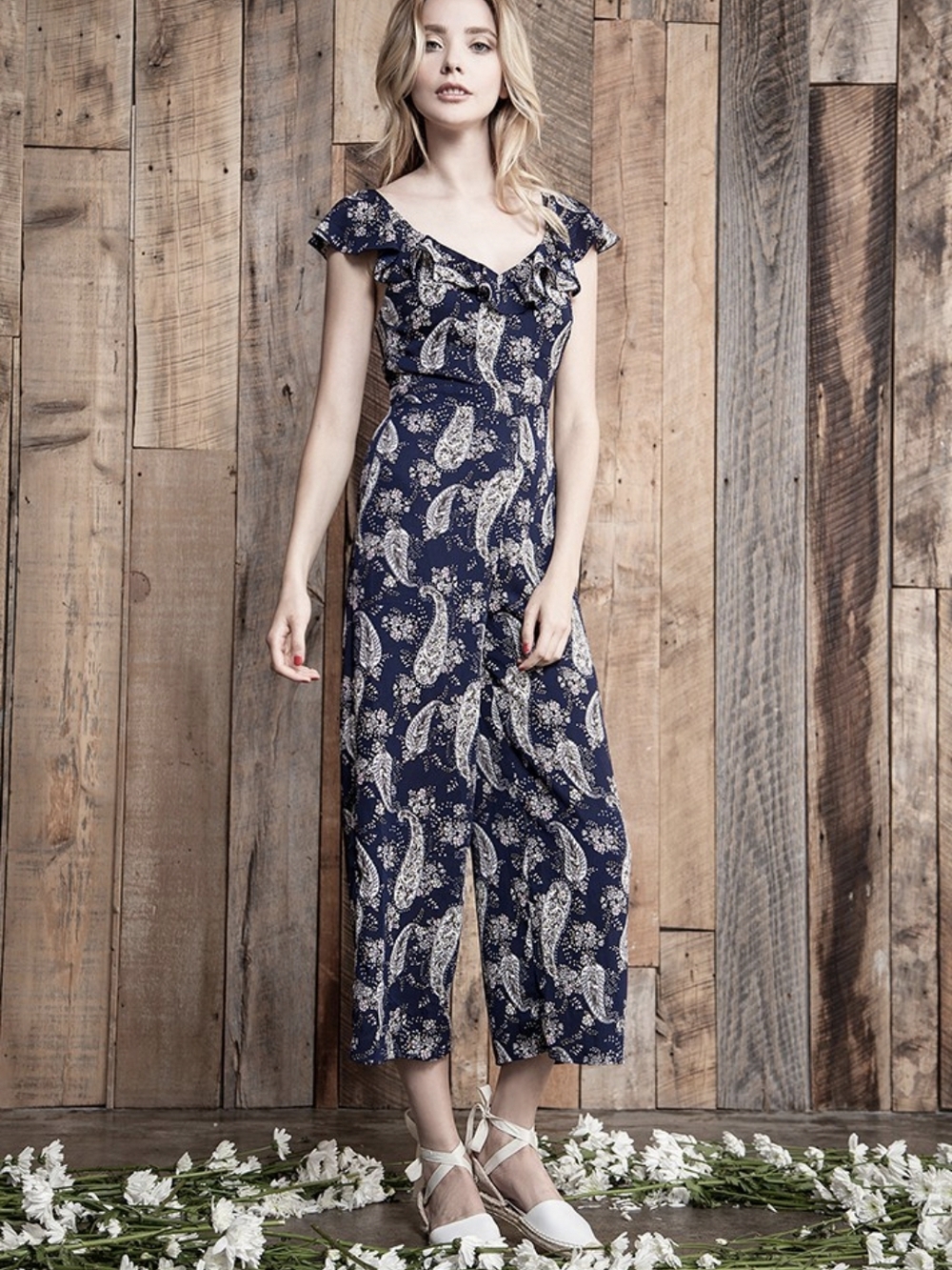 .J.O.A. printed Navy and White Paisley Ruffle-Strap Jumpsuit
